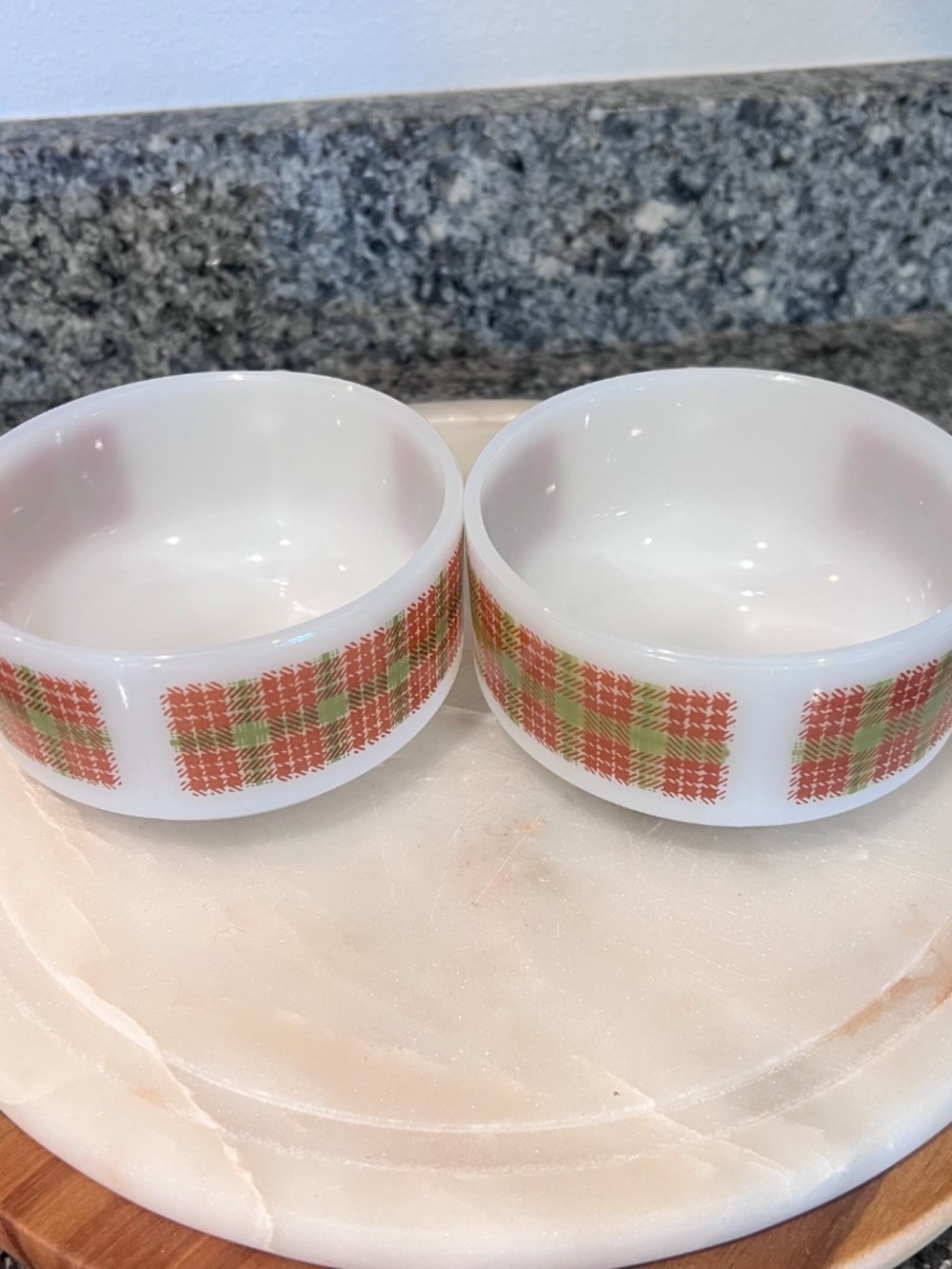 Glasbake J-2711 Red Green Plaid Milk Glass Soup Mugs Set of 2 USA - Picture 14 of 17